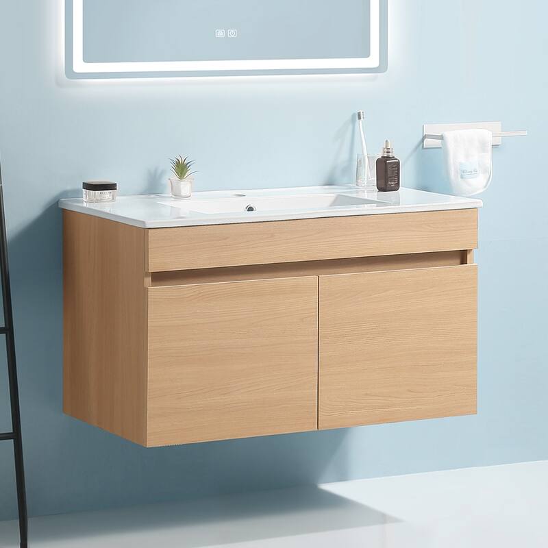 24" Wall Mounted Wood Bathroom Vanity with White Ceramic Basin, Two